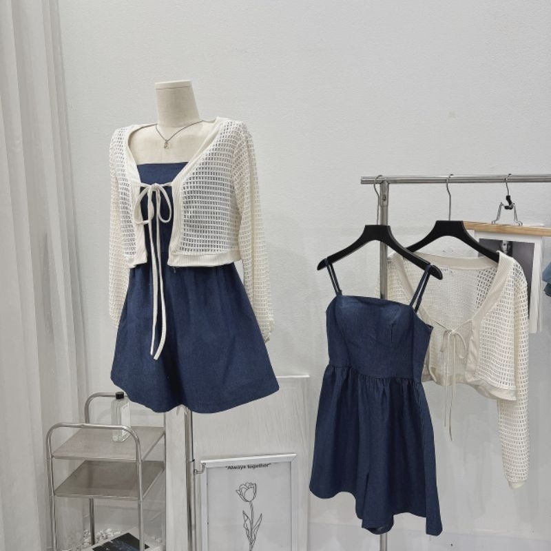 Set jum denim bò mềm quai dây cơ điều chỉnh mix áo khoác ren crop siêu xinh