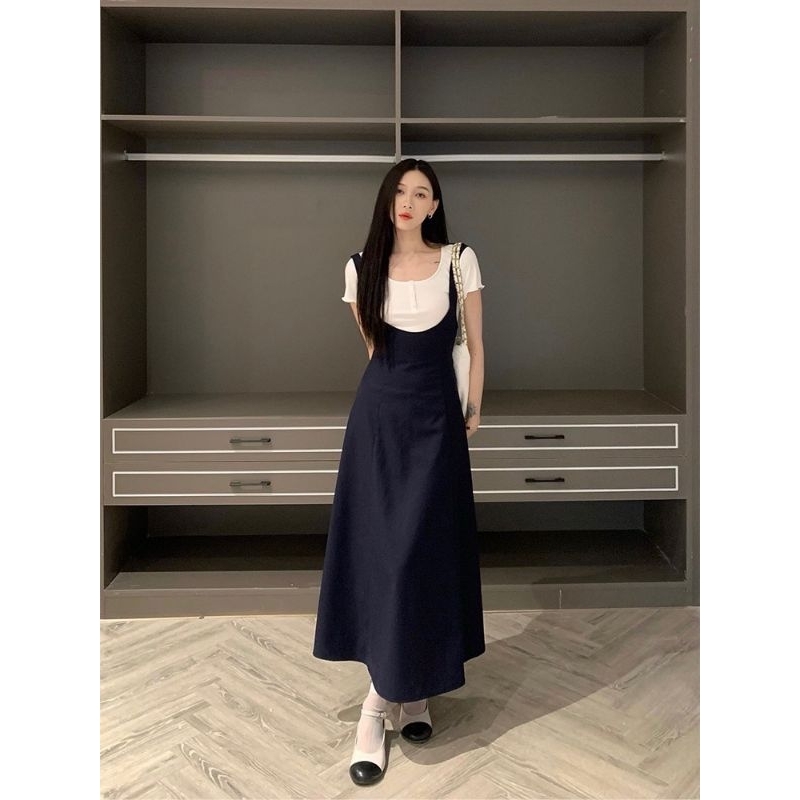 Set váy yếm xanh than dáng dài mix áo cộc tay thun gân siêu xinh