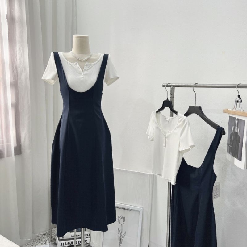 Set váy yếm xanh than dáng dài mix áo cộc tay thun gân siêu xinh