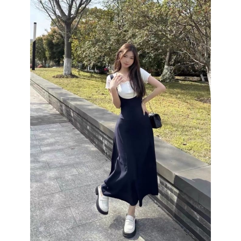 Set váy yếm xanh than dáng dài mix áo cộc tay thun gân siêu xinh