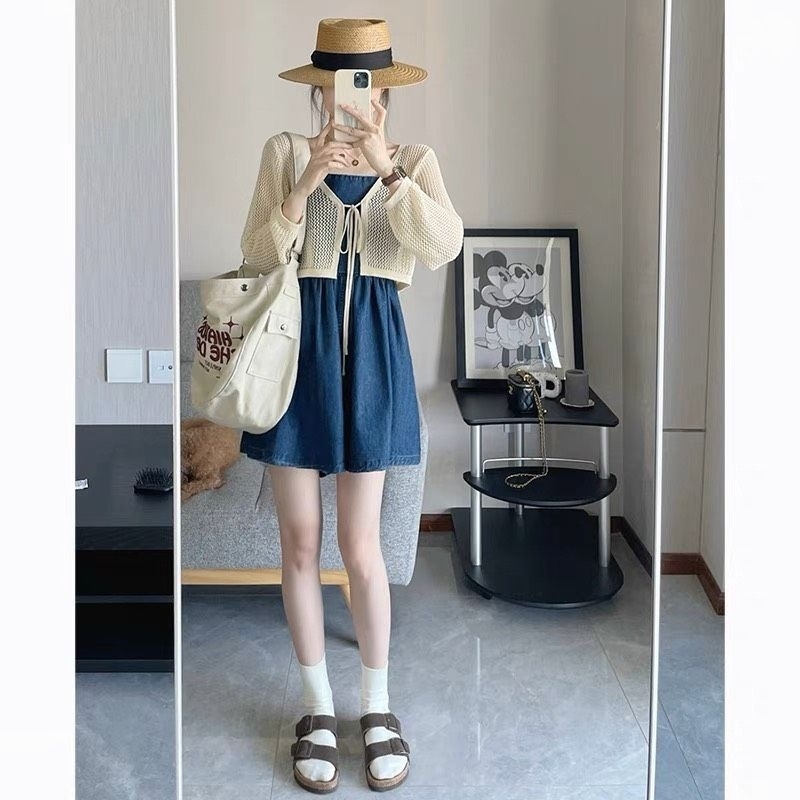 Set jum denim bò mềm quai dây cơ điều chỉnh mix áo khoác ren crop siêu xinh