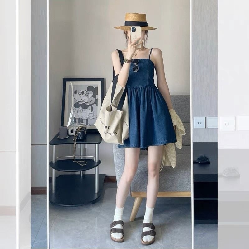Set jum denim bò mềm quai dây cơ điều chỉnh mix áo khoác ren crop siêu xinh
