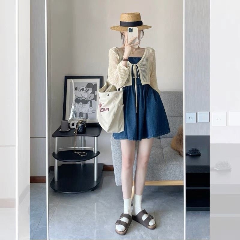 Set jum denim bò mềm quai dây cơ điều chỉnh mix áo khoác ren crop siêu xinh