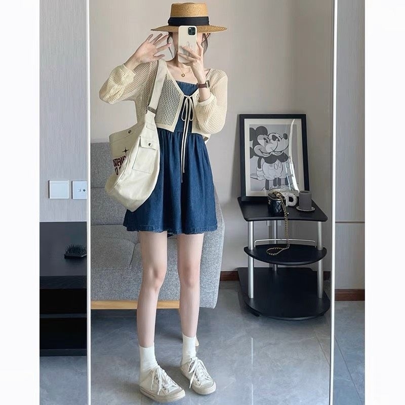 Set jum denim bò mềm quai dây cơ điều chỉnh mix áo khoác ren crop siêu xinh