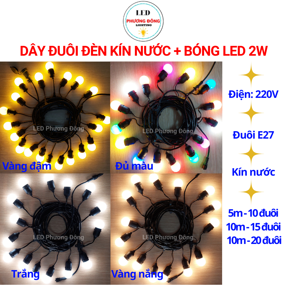 BỘ DÂY ĐUÔI ĐÈN TRANG TRÍ NGOÀI TRỜI KÍN NƯỚC + BÓNG LED CHANH 2W - TRẮNG/ VÀNG NẮNG/ ĐỦ MÀU