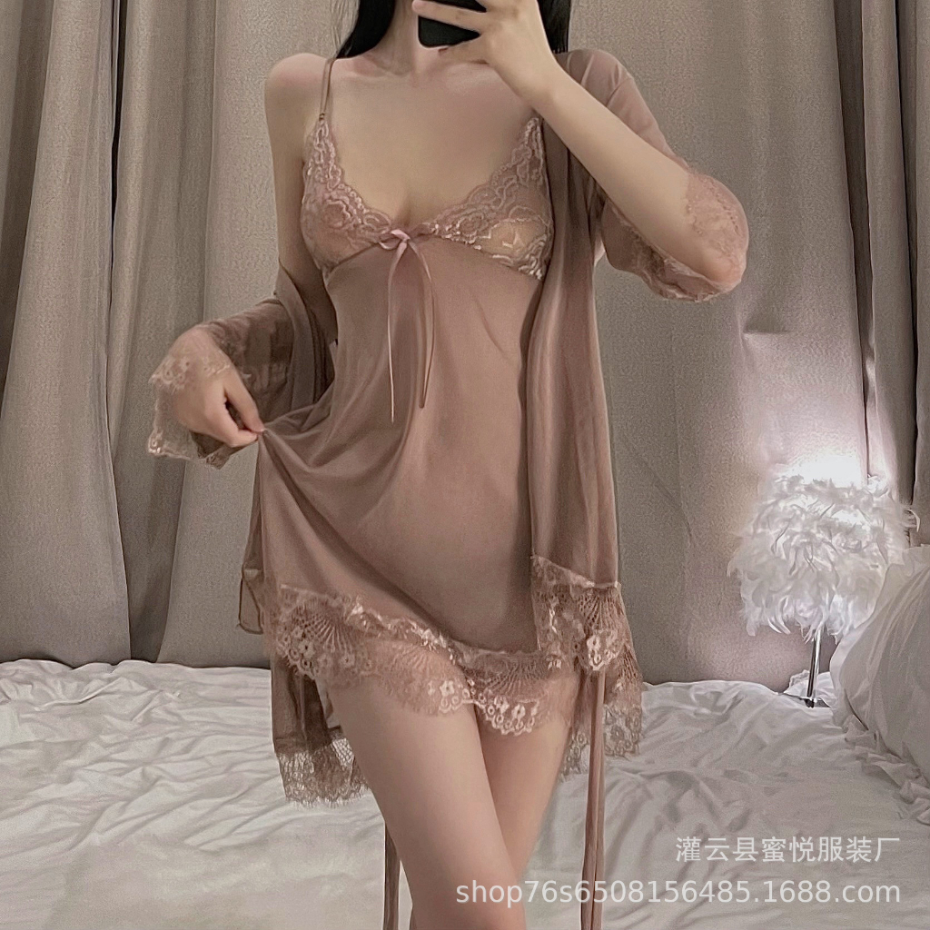 Váy ngủ set ren 4 món sexy ren cao cấp gợi cảm xuyên thấu, đầm hai dây co dãn quyến rũ sang trọng, kèm quần - Sinni4