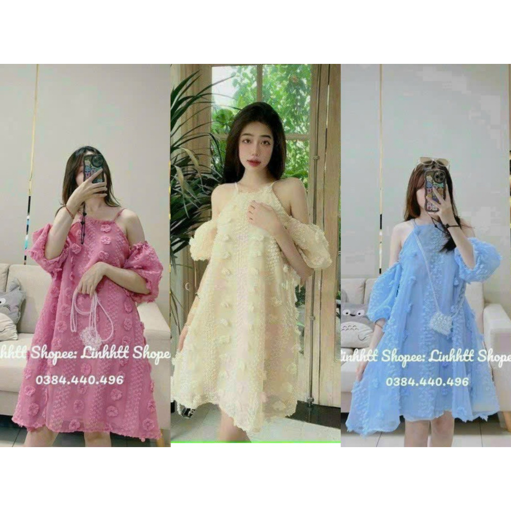 Đầm Thời Trang Nữ Mặc Đi Chơi, Đầm Xô Lông Xốp 2 Lớp Hình Tay Búp Trễ Vai 3 màu xinh xắn