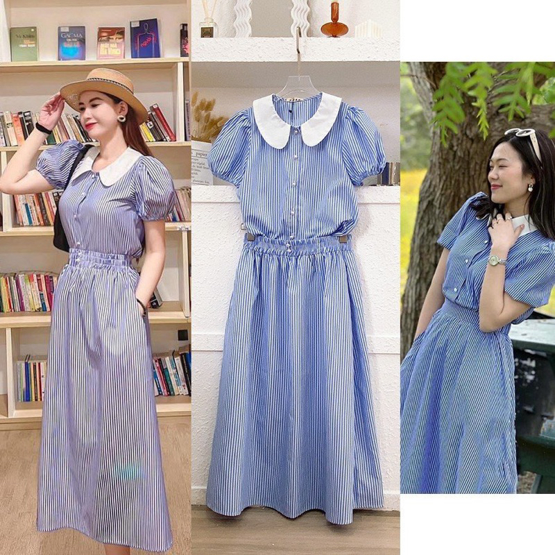 Set kẻ xanh cổ phối trắng ( ảnh thật + video)