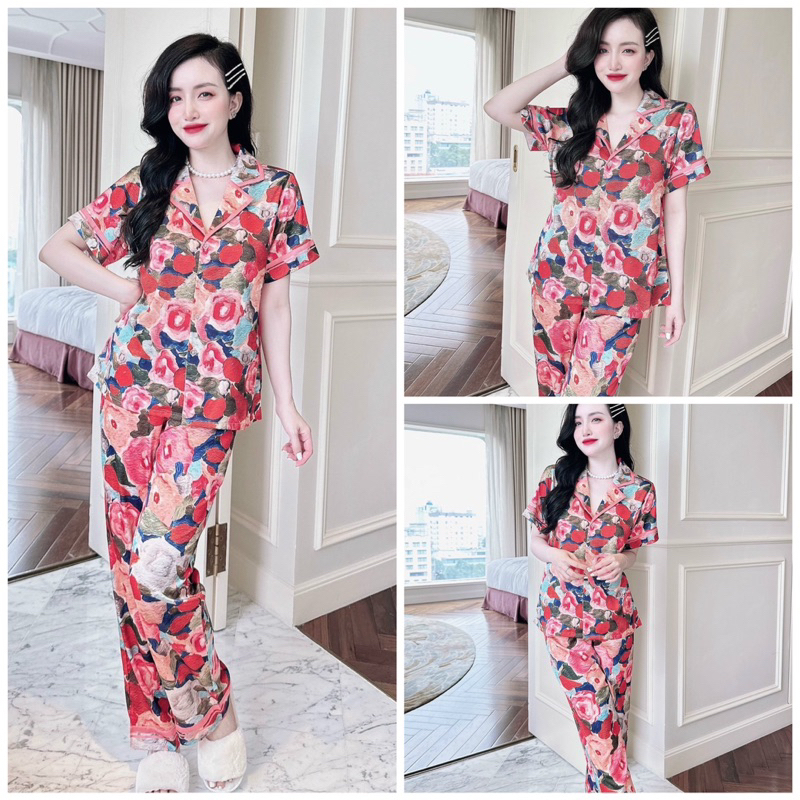 Đồ bộ pijama BOLOBALA mặc nhà quần dài áo tay ngắn hoa nhí chất lụa latin xịn, hoạ tiết nhí sang trọng