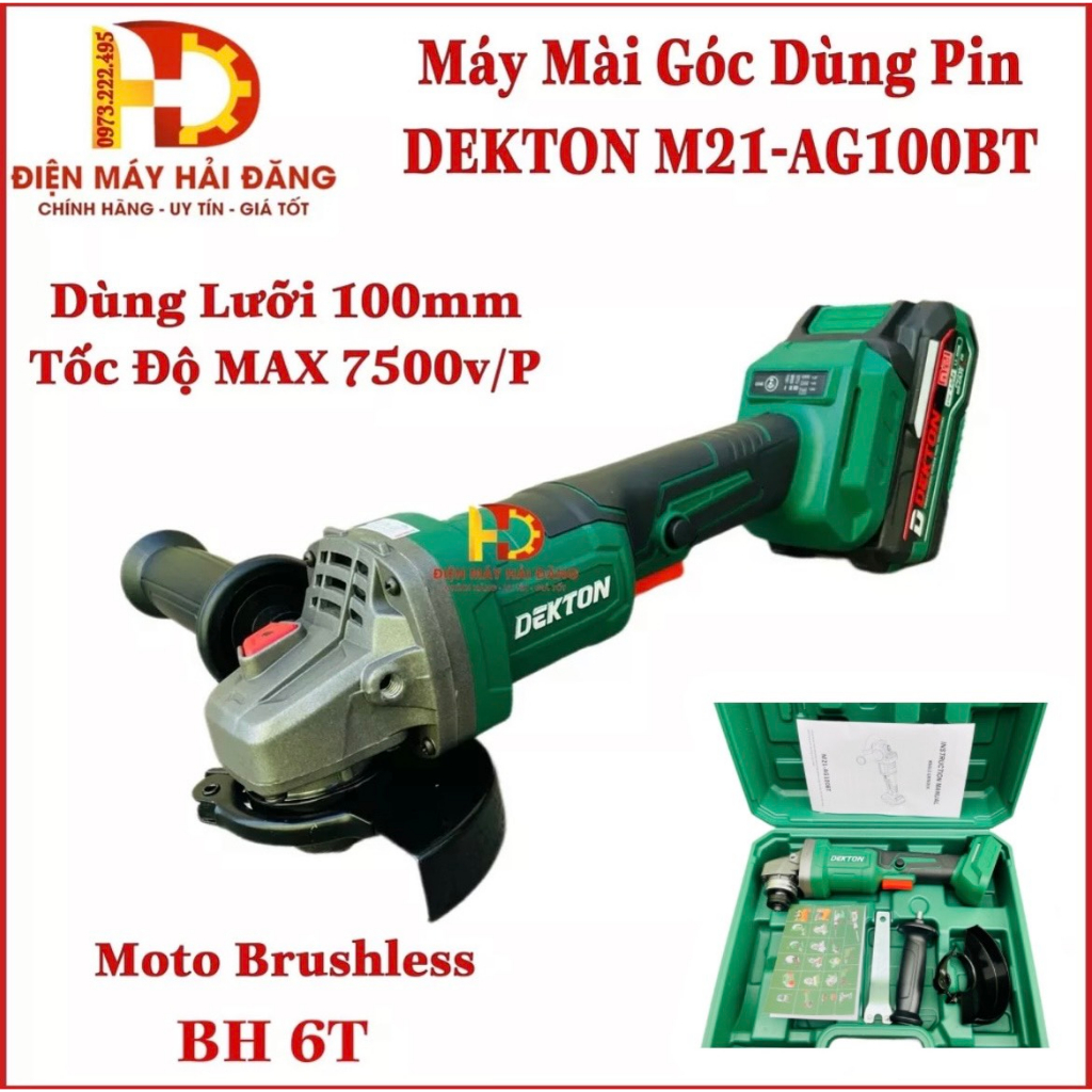 Máy mài góc dùng pin DEKTON M21-AG100BT.Mẫu Mới Có Hộp - Công Tắc Bóp - Motor Brushless - Pin 21V.Chân Pin Phổ Thông