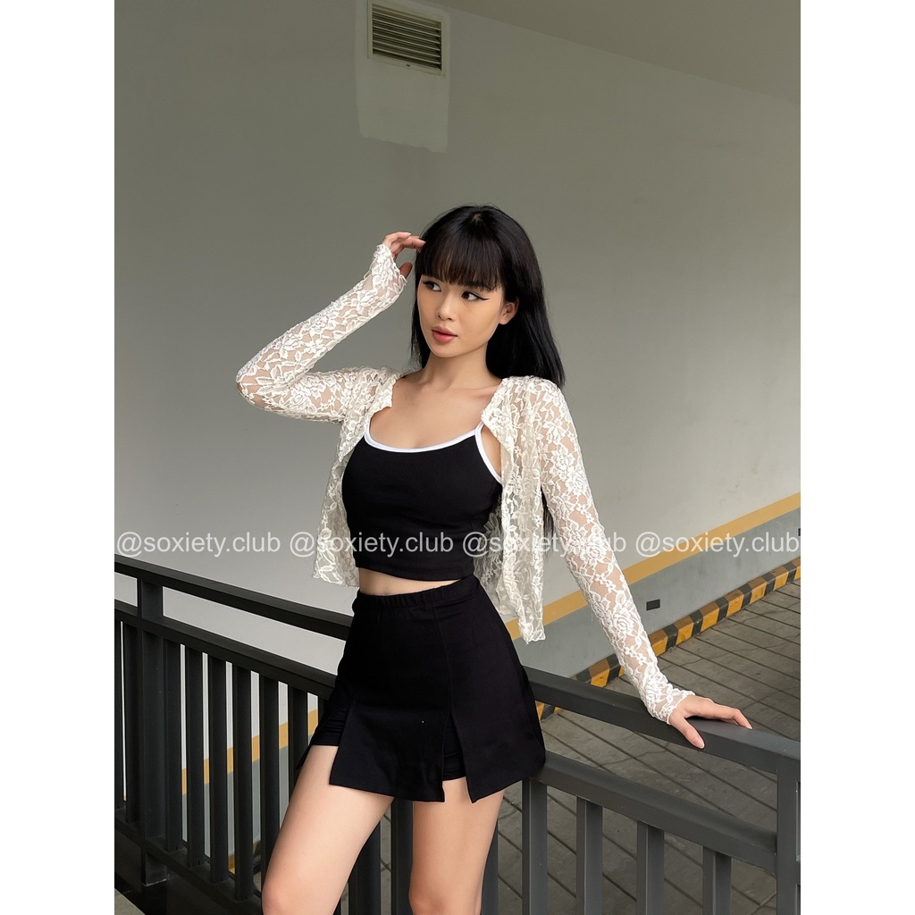 Set áo dây + áo khoác ren hoa, kèm chân váy hack dáng phong cách y2k phù hợp mùa hè A64