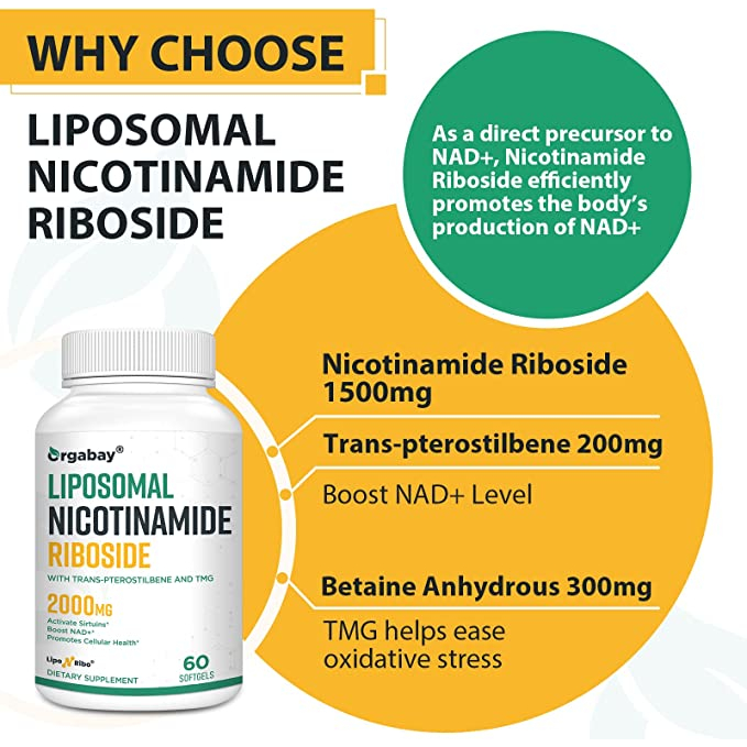 Viên uống NAD plus chống lão hóa, sửa chữa tế bào Orgabay Liposomal Nicotinamide Riboside 2000mg 60 viên