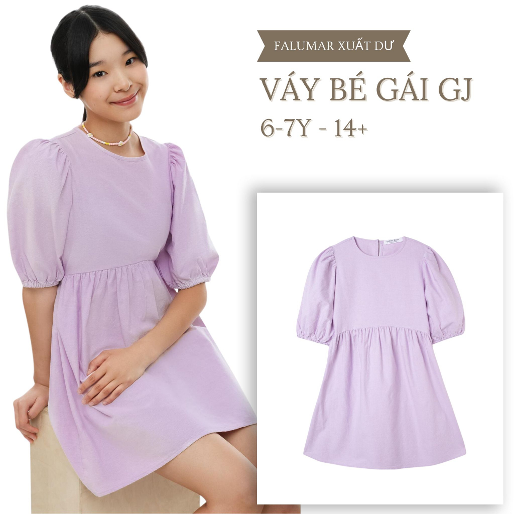 Váy bé gái xoè chữ A xuất dư, đầm xinh xắn tay lỡ chất cotton có size cho thiếu niên 14 tuổi cao đến 164cm