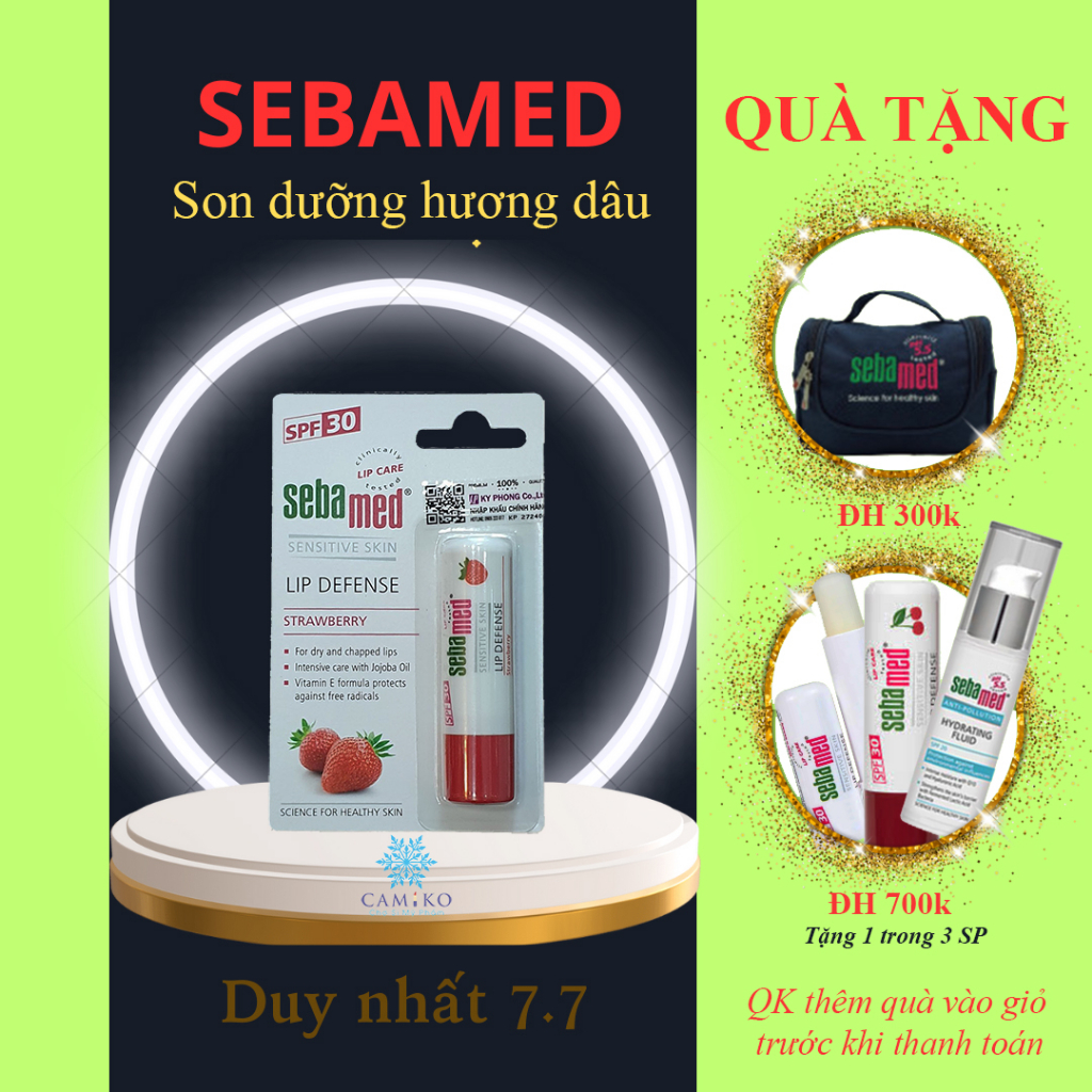 Son dưỡng chống khô nứt môi hương dâu màu đỏ mọng Sebamed pH5.5 Sensitive Skin Lip Defense Strawberry 4.8g