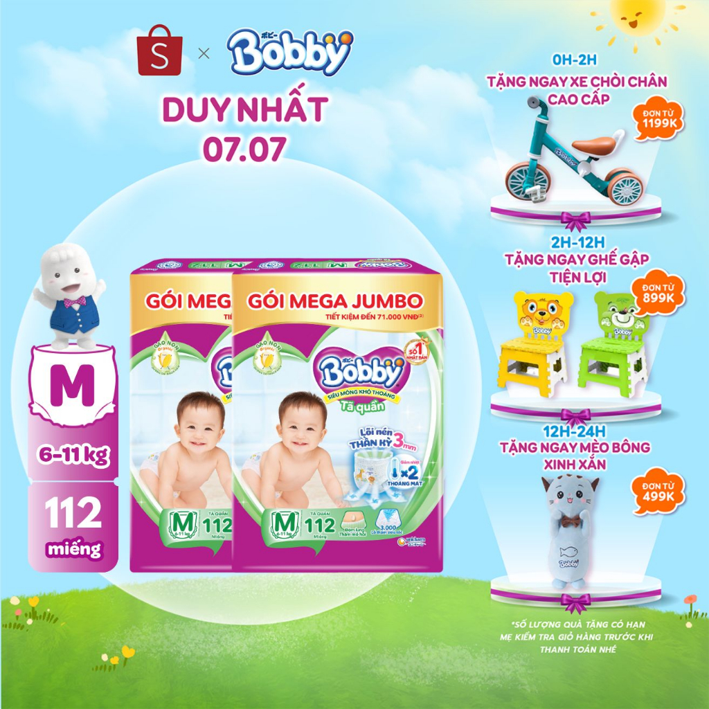 Bộ 2 Tã quần Bobby Lõi nén thần kỳ 3mm Gạo non Mega Jumbo M112/L96/XL84/XXL76