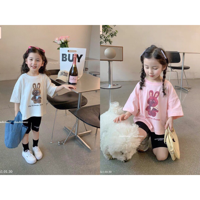Bộ cotton bé gái J&J, áo hình thỏ phối quần legging cho bé 13-45 kg