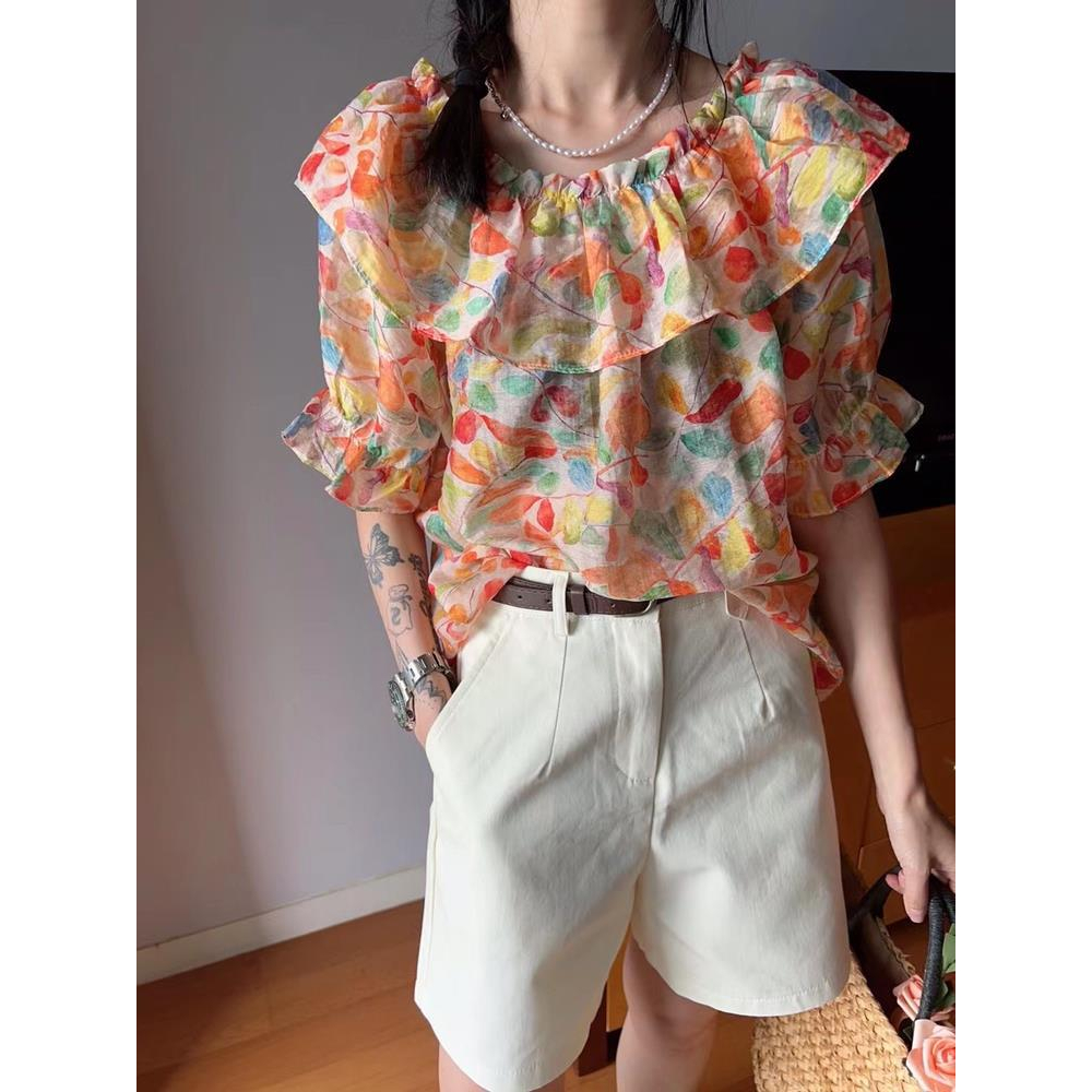 Sét áo kiểu, áo hoa trễ vai tiểu thư quần sooc cam siêu tôn da sang sảnh dạo phố, đi chơi, có bán set lẻ