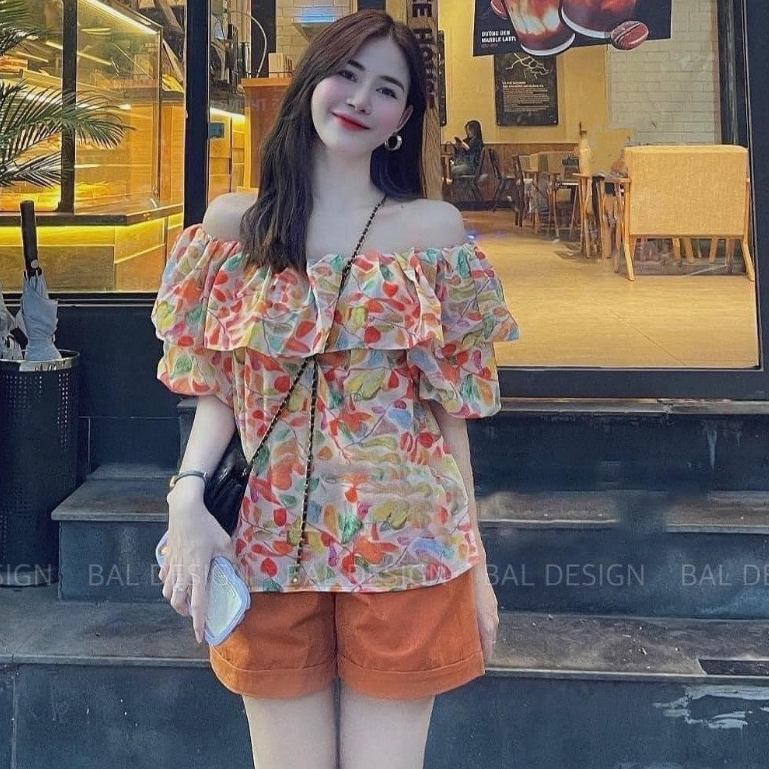 Sét áo kiểu, áo hoa trễ vai tiểu thư quần sooc cam siêu tôn da sang sảnh dạo phố, đi chơi, có bán set lẻ