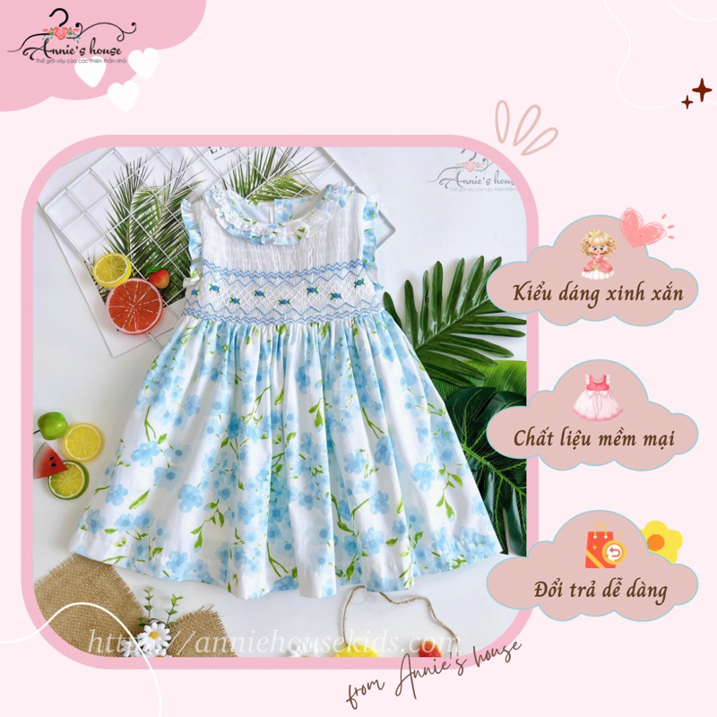 Váy bé gái Annie, Đầm smock thêu hoa họa tiết hoa tú cầu xanh phối bèo điệu đà thắt nơ eo cho bé 9-28kg