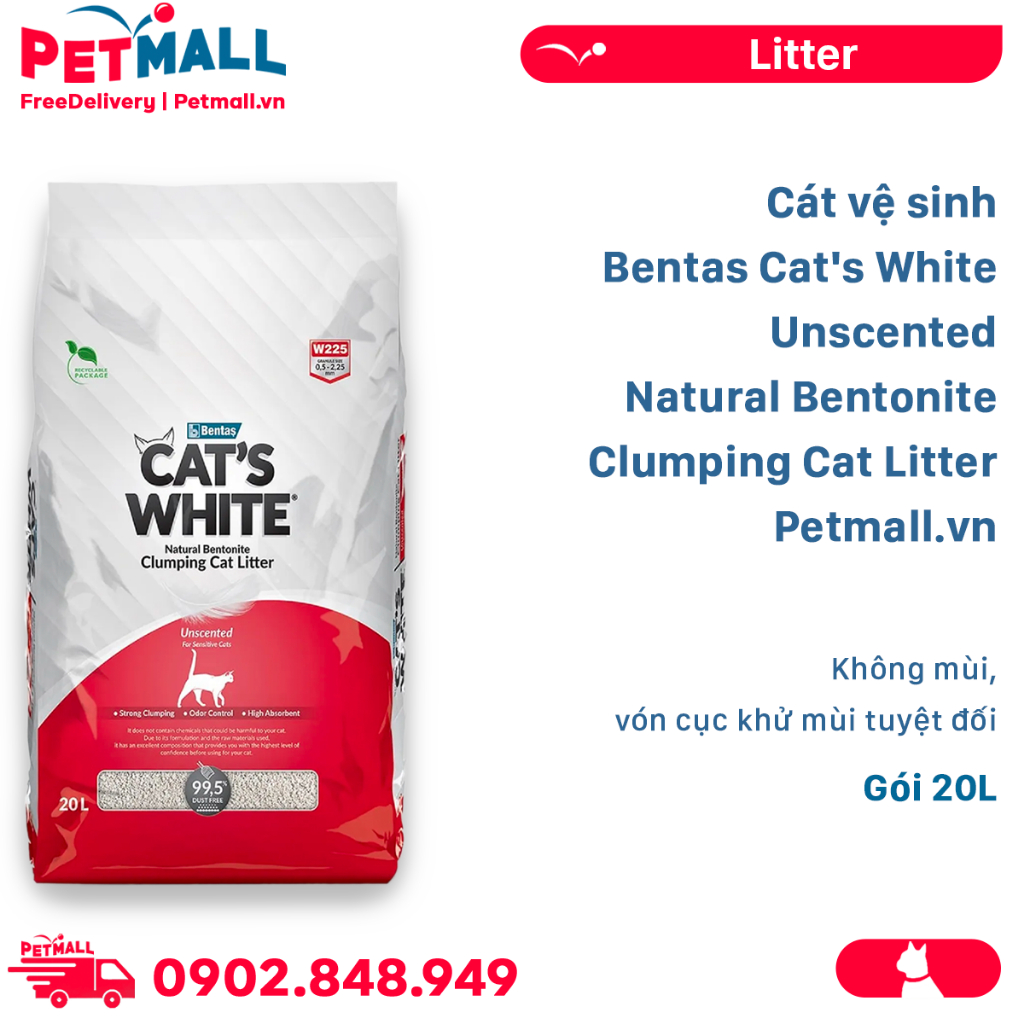Cát vệ sinh Bentas Cat's White Unscented Natural Bentonite Clumping Cat Litter Gói 20L - Không mùi, vón cục khử mùi