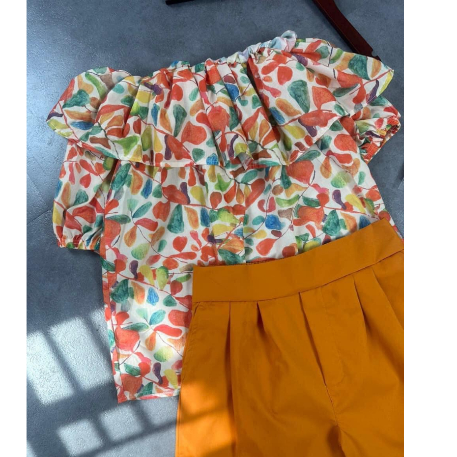 Sét áo kiểu, áo hoa trễ vai tiểu thư quần sooc cam siêu tôn da sang sảnh dạo phố, đi chơi, có bán set lẻ