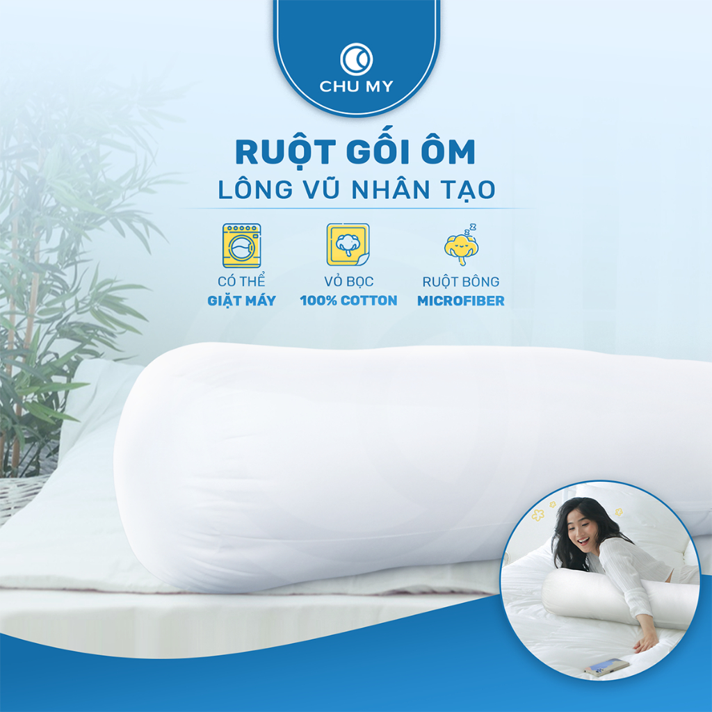 Ruột gối ôm CHU MY bông Microfiber siêu êm ái, vỏ bọc 100% cotton T400 tiêu chuẩn khách sạn 5 sao, kích thước D35x100cm