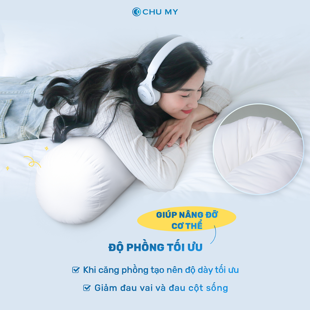 Ruột gối ôm CHU MY bông Microfiber siêu êm ái, vỏ bọc 100% cotton T400 tiêu chuẩn khách sạn 5 sao, kích thước D35x100cm