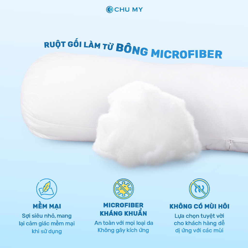 Ruột gối ôm CHU MY bông Microfiber siêu êm ái, vỏ bọc 100% cotton T400 tiêu chuẩn khách sạn 5 sao, kích thước D35x100cm