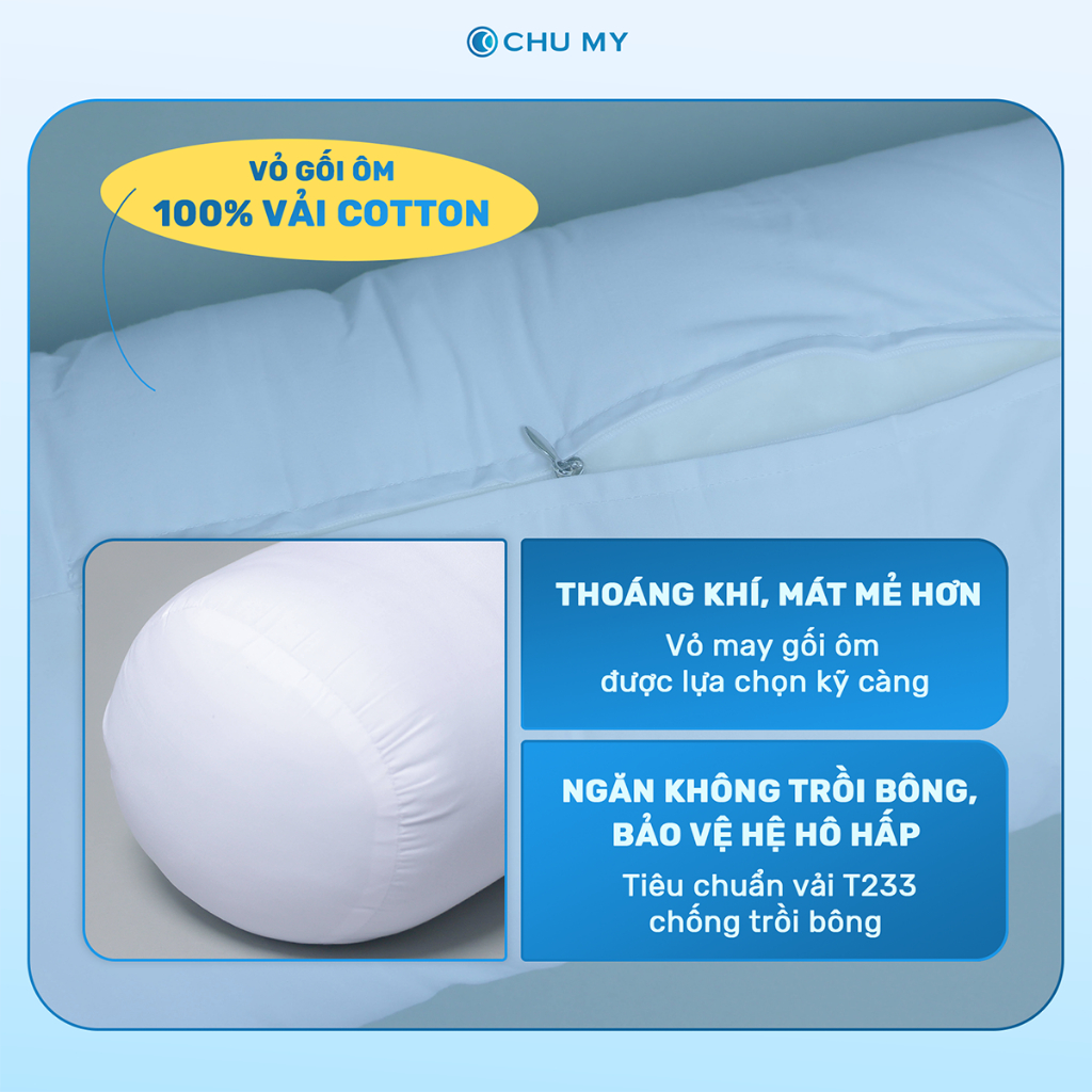 Ruột gối ôm CHU MY bông Microfiber siêu êm ái, vỏ bọc 100% cotton T400 tiêu chuẩn khách sạn 5 sao, kích thước D35x100cm