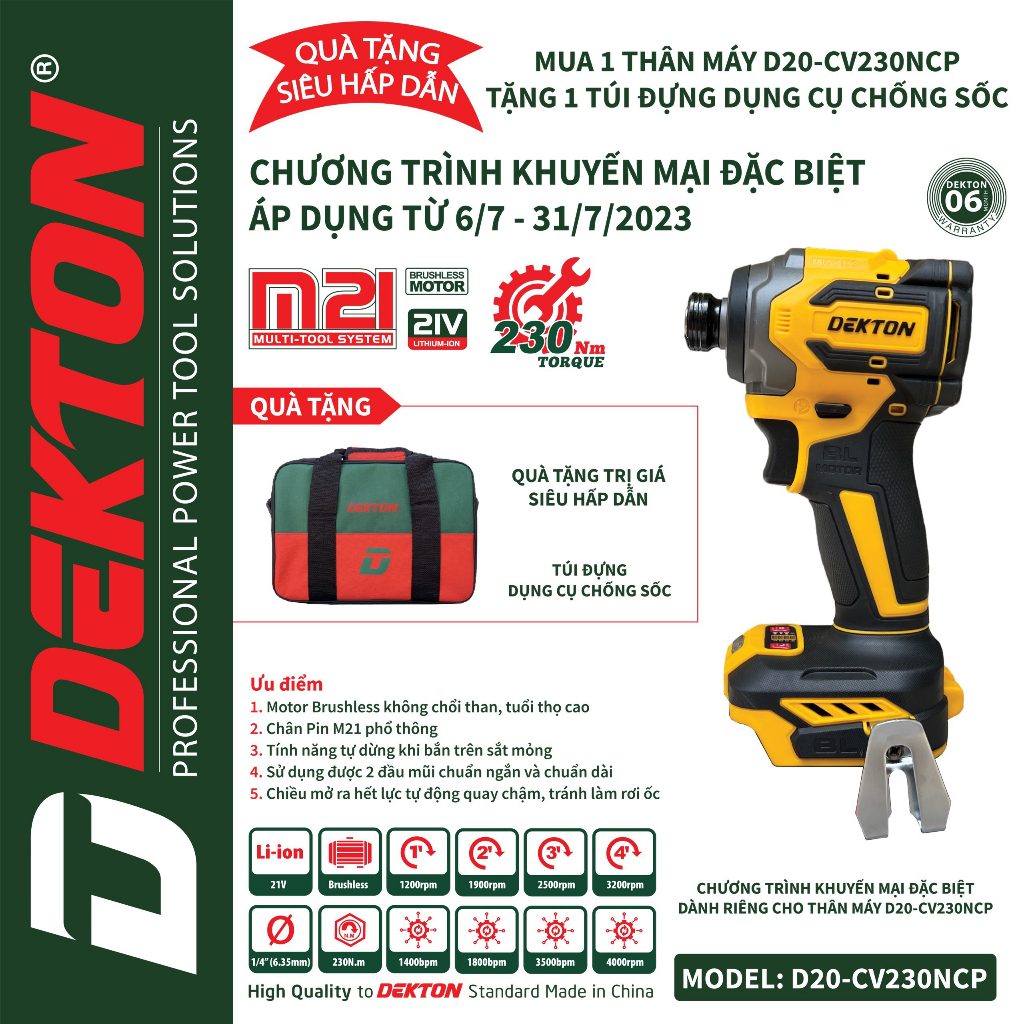 Máy siết vít có búa 230Nm Dekton  D20-CV230NCP