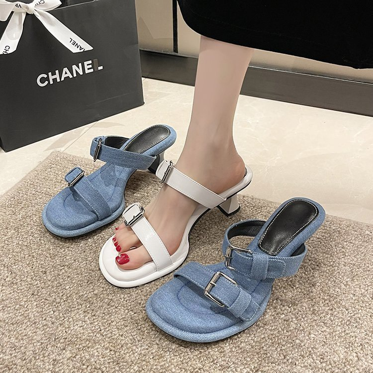 Dép Guốc denim Hai Quai Ngang Khóa Cài Vuông Gót Vuông 5cm Hàng Quảng Châu Cao Cấp