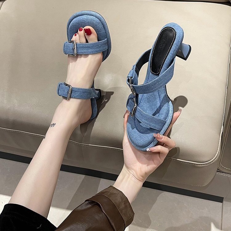 Dép Guốc denim Hai Quai Ngang Khóa Cài Vuông Gót Vuông 5cm Hàng Quảng Châu Cao Cấp