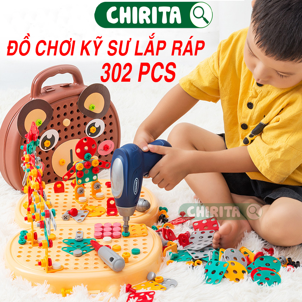 Bộ Đồ Chơi Kỹ Sư Lắp Ráp 203 Chi Tiết Kèm Máy Khoan Điện - Đồ Chơi Vặn Ốc Vít, Cờ Lê,Tua Vít Cho Bé Từ 3 Tuổi Chirita