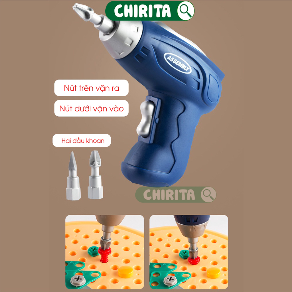 Bộ Đồ Chơi Kỹ Sư Lắp Ráp 203 Chi Tiết Kèm Máy Khoan Điện - Đồ Chơi Vặn Ốc Vít, Cờ Lê,Tua Vít Cho Bé Từ 3 Tuổi Chirita