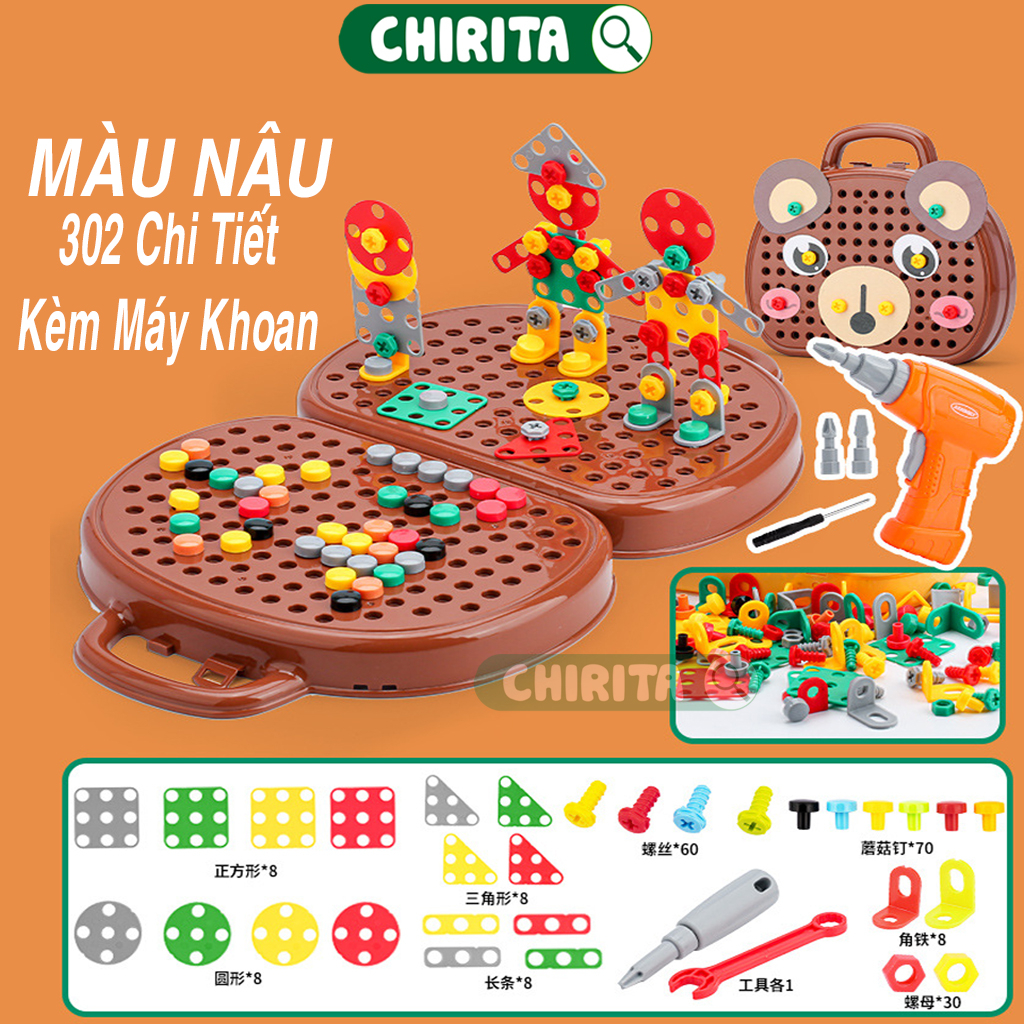 Bộ Đồ Chơi Kỹ Sư Lắp Ráp 203 Chi Tiết Kèm Máy Khoan Điện - Đồ Chơi Vặn Ốc Vít, Cờ Lê,Tua Vít Cho Bé Từ 3 Tuổi Chirita