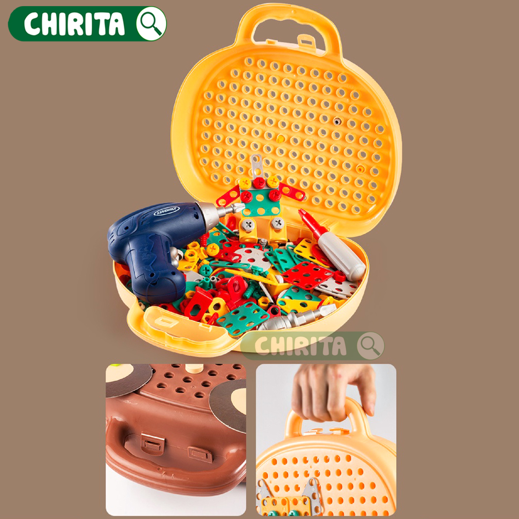 Bộ Đồ Chơi Kỹ Sư Lắp Ráp 203 Chi Tiết Kèm Máy Khoan Điện - Đồ Chơi Vặn Ốc Vít, Cờ Lê,Tua Vít Cho Bé Từ 3 Tuổi Chirita