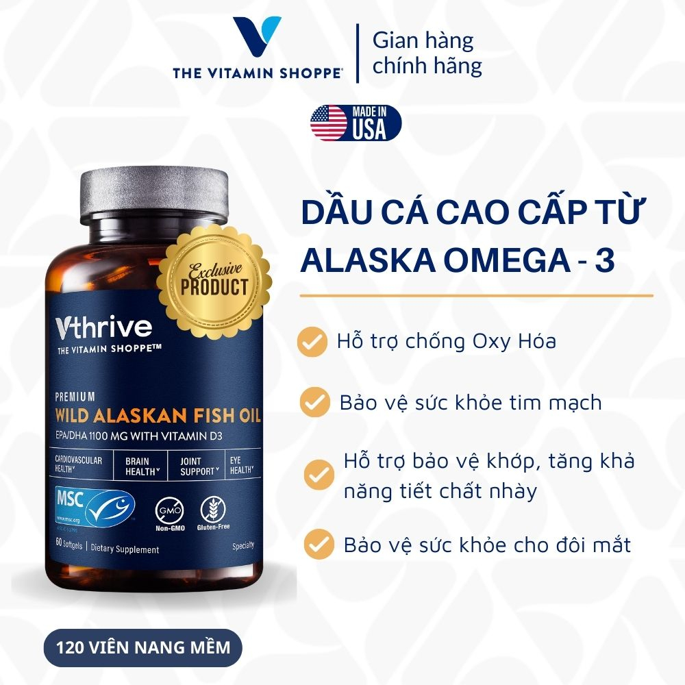 Dầu cá Omega 3 VTHRIVE Premium Wild Alaskan Fish Oil tăng cường sức khỏe tim mạch 60/120 viên