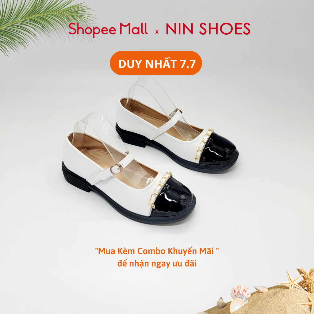 Giày bệt nữ Ninshoes đế 1 cm mix dây xích vàng mũi giày siêu êm