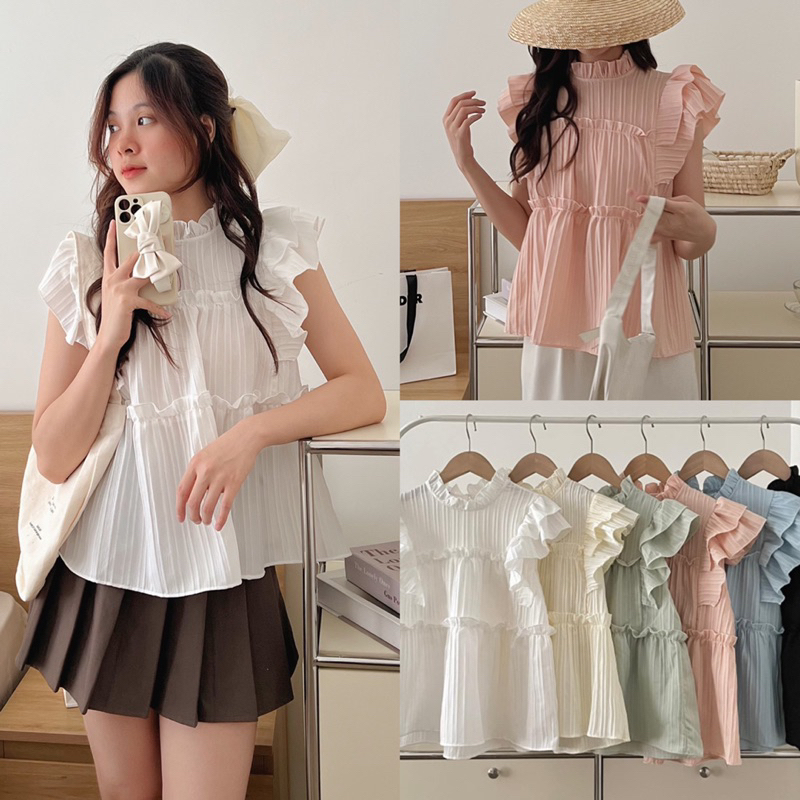 Áo babydoll phối bèo cánh tiên chất đũi gân màu pastel FAIRY