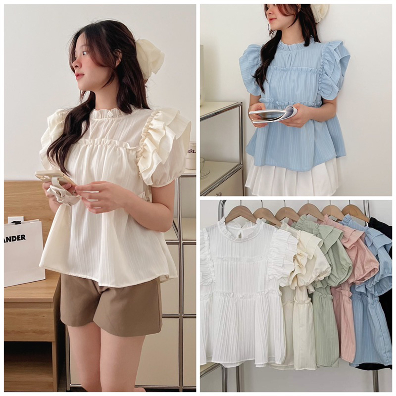 Áo babydoll phối bèo cánh tiên tay cộc chất đũi gân màu pastel nàng thơ