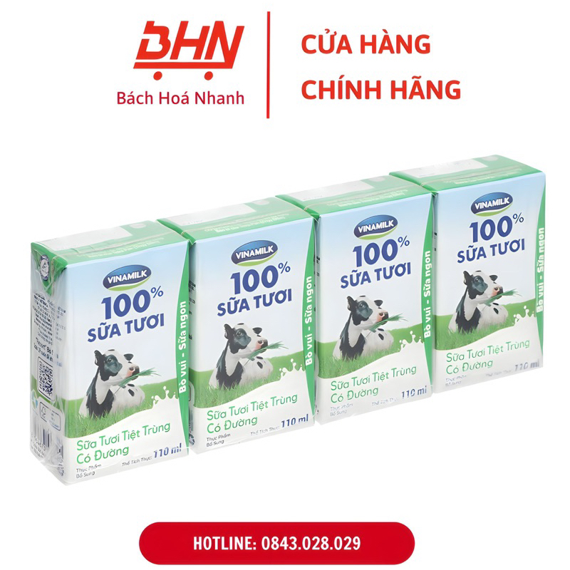 Lốc sữa tươi tiệt trùng Vinamilk 100% 110ml (Có đường)