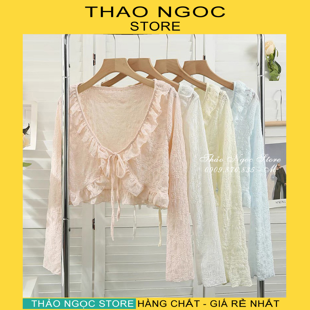 Áo khoác ren lưới phối bèo dây cột nơ hàng QC! (hàng có sẵn, hình thật) THẢO NGỌC STORE