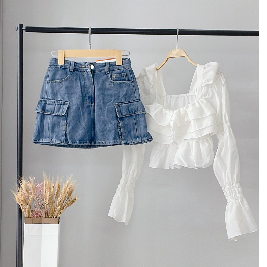 Chân váy jean túi hộp có lót quần dáng ngắn