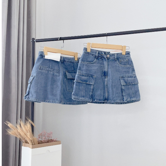 Chân váy jean túi hộp có lót quần dáng ngắn