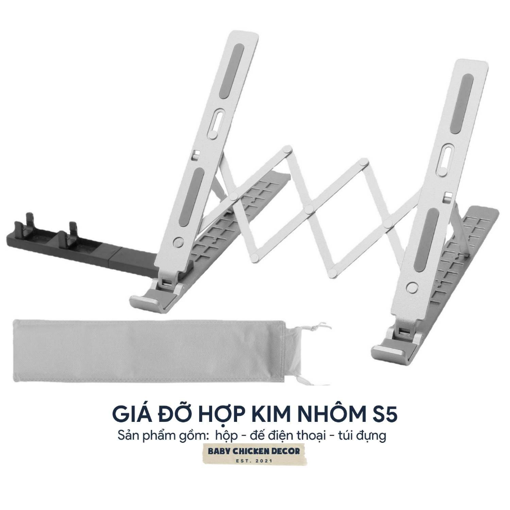 Giá đỡ laptop hợp kim nhôm S5 ,đế tản nhiệt ipad macbook có thể gấp gọn điều chỉnh 10 cấp độ - BCD