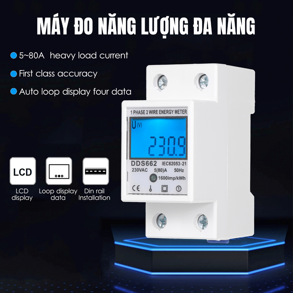 Máy đo năng lượng một pha AC 230V có đèn nền DDS662