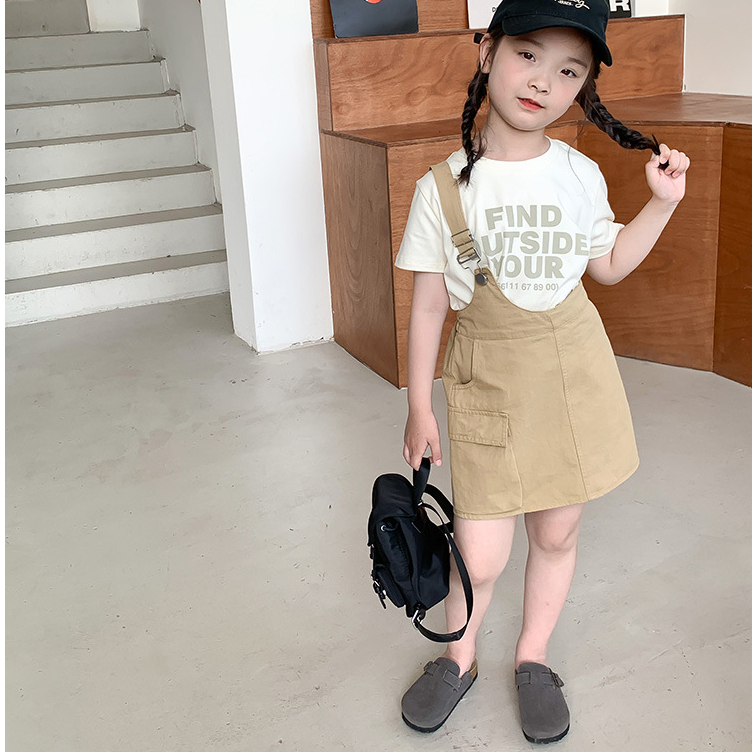 Set áo cotton trắng kèm váy yếm kaki cho bé gái DMINT cực sàng điệu - Quần áo trẻ em mùa hè Ambb Kids