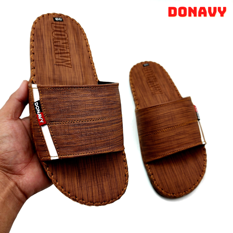 Dép quai ngang nam da DONAVYSPO, thiết kế quai vân gỗ bắt mắt có size lớn 45 D.SPO
