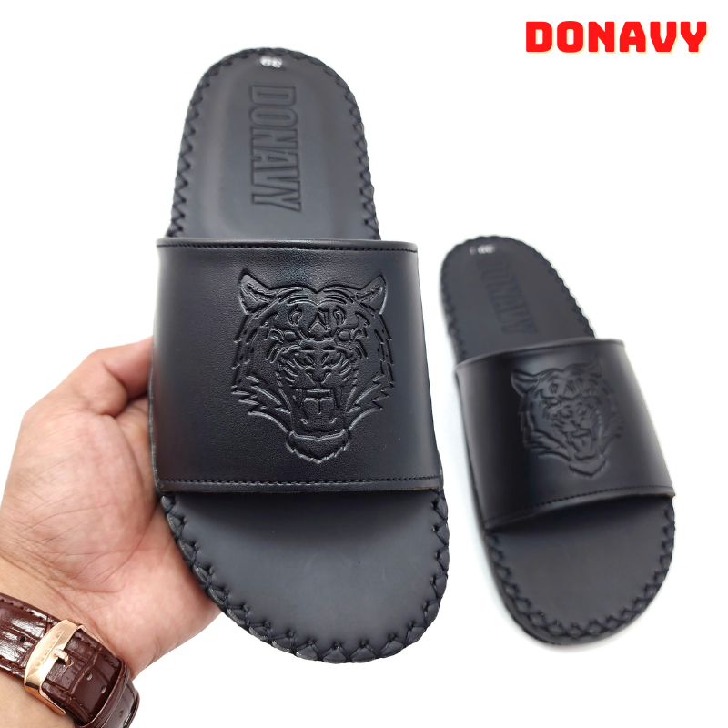 Dép quai ngang nam da DONAVYSPO, thiết kế quai vân gỗ bắt mắt có size lớn 45 D.SPO