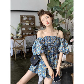 N173 [LOẠI 1 CÓVIDEO THẬT] Váy jumsuit hoa mixi trễ vai dáng ngắn tay phồg chiết eo ulzzang đi biển siu xinh tôn da, dág